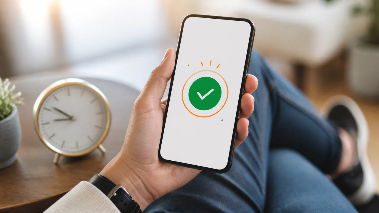 Žmogus laiko išmanųjį telefoną su patvirtinimo pranešimu apie sėkmingai suteiktą greitąjį 