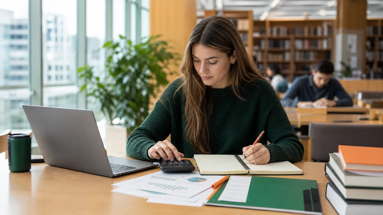 studentas prie nešiojamojo kompiuterio universiteto bibliotekoje skaičiuoja studijų išlaid
